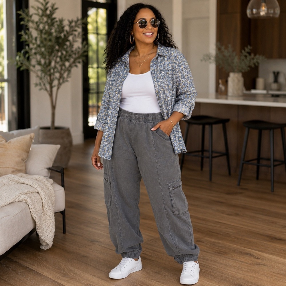 Nicole Miller New York Gray Lyocell Cargo Jogger Pants Utility Trousers Large